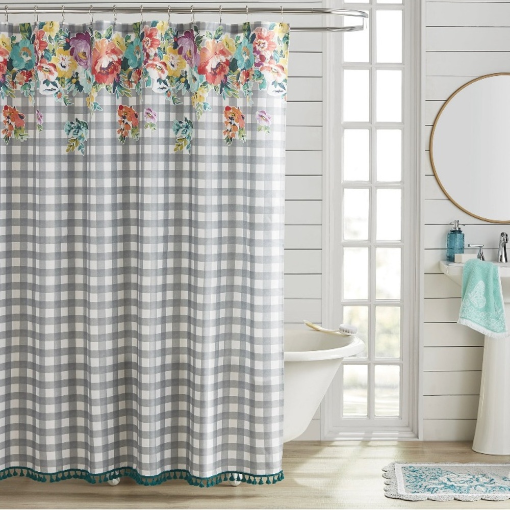 NWT Pioneer Woman Plaid & floral shower curtain 72x72